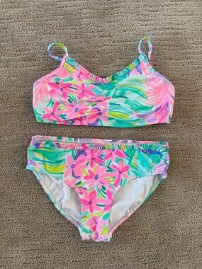 Like New Lilly Pulitzer Pink & Green Floral Girls' Two-Piece Swim Set Size 10